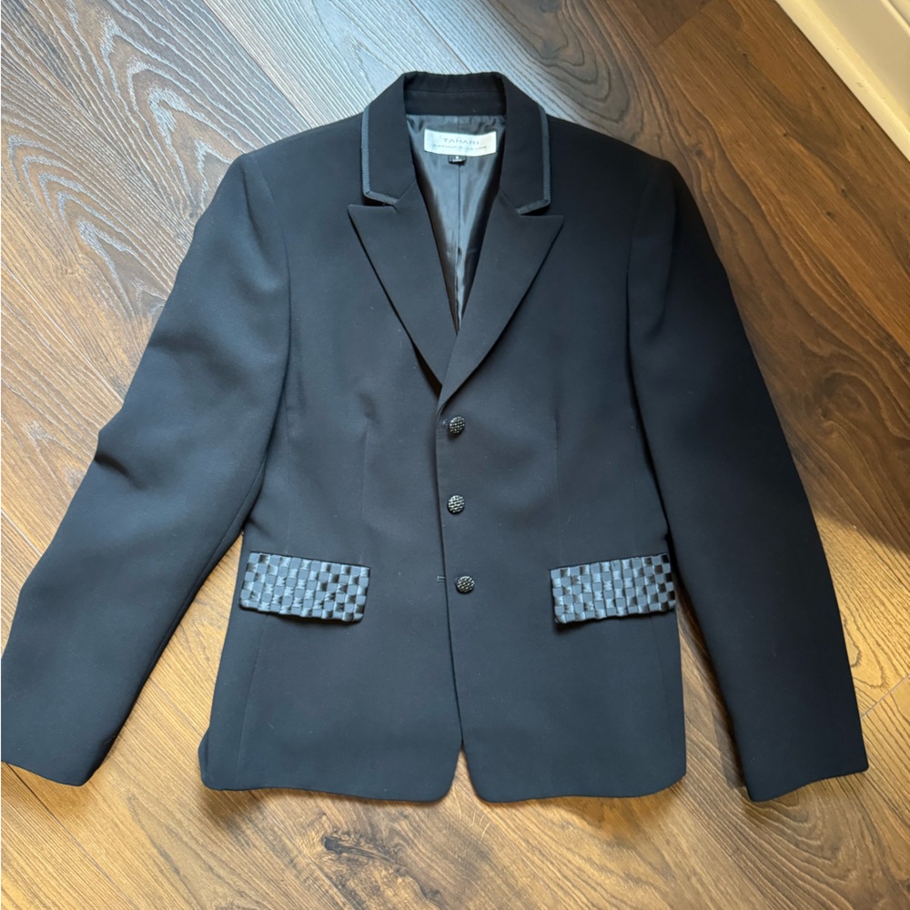 Tahari ASL Black Blazer with Checkered Accents Size 8